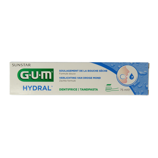 GUM Hydral toothpaste 75ml tube with white and blue packaging, designed for oral hygiene and fresh breath.