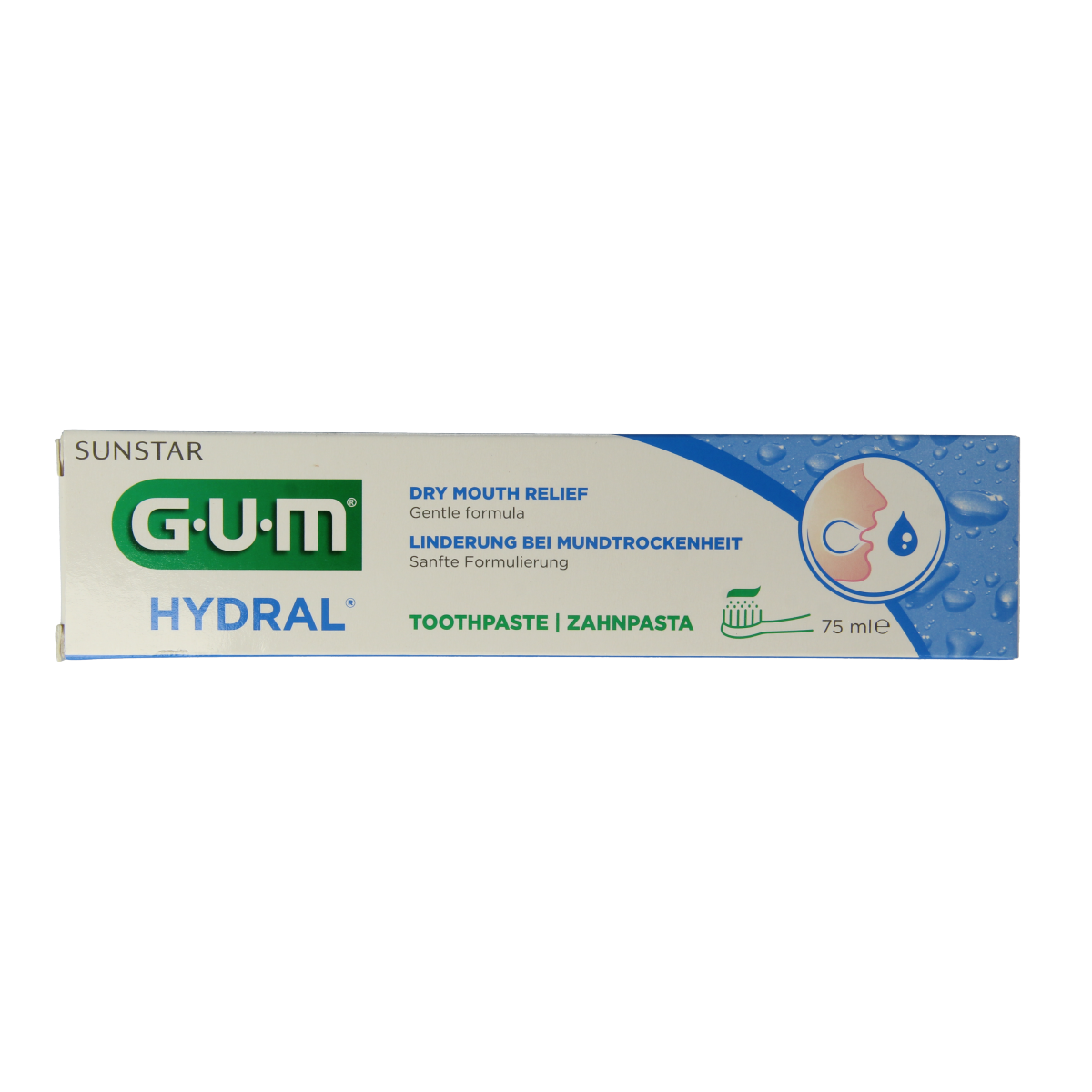 GUM Hydral toothpaste in 75ml tube, showing the white and blue packaging with brand logo and product label.