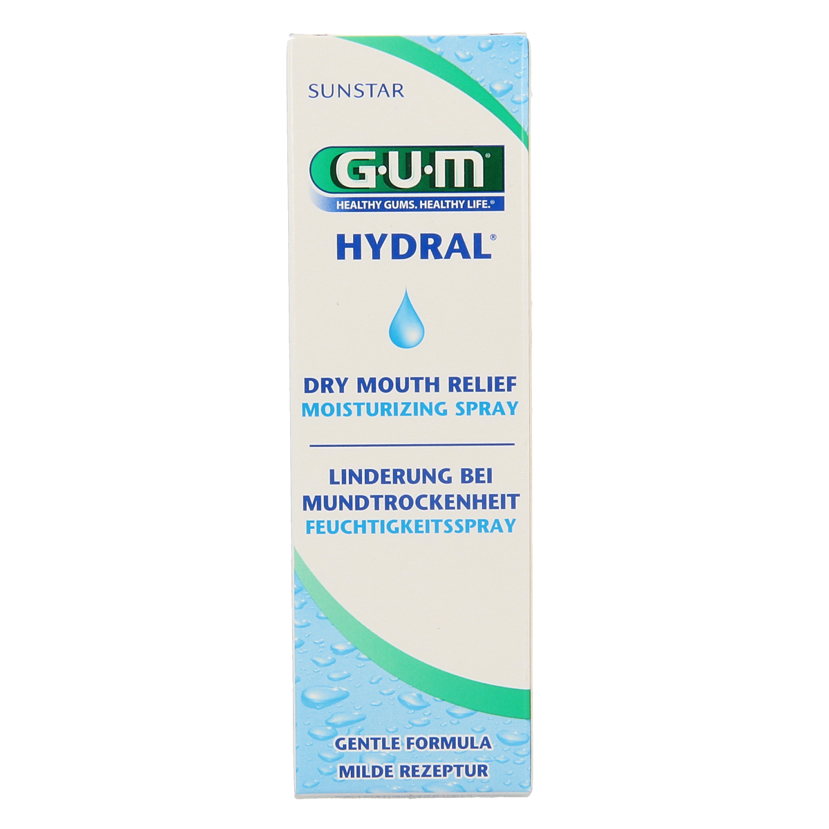 GUM Hydral bevochtigingsspray for oral hygiene, 50ml, used for mouth moisture and dental care, with packaging visible.