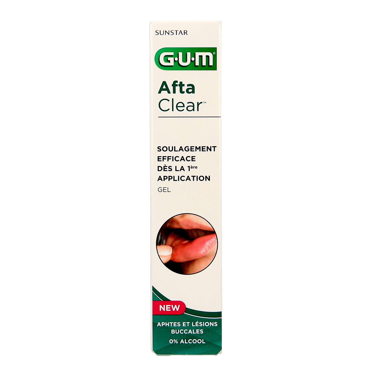 GUM Aftaclear gel 10ml for oral hygiene and tooth cleaning, shown in a transparent tube with label and cap.