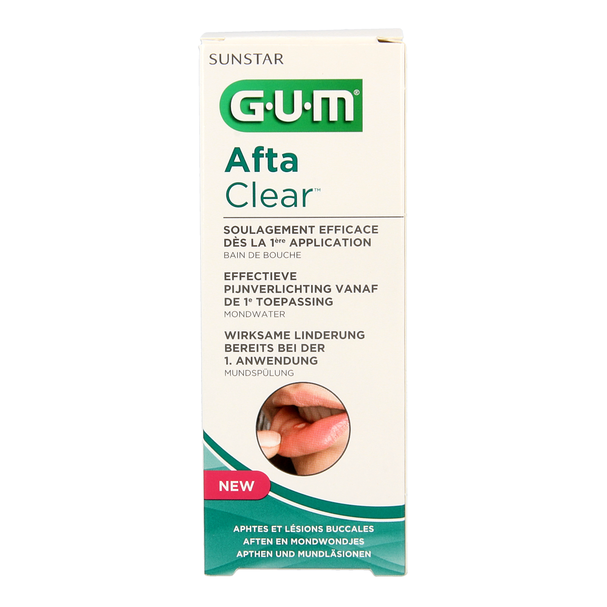 GUM Aftaclear mouthwash in a 120ml bottle, soothing mouth rinse for oral health and fresh breath, shown in the image.