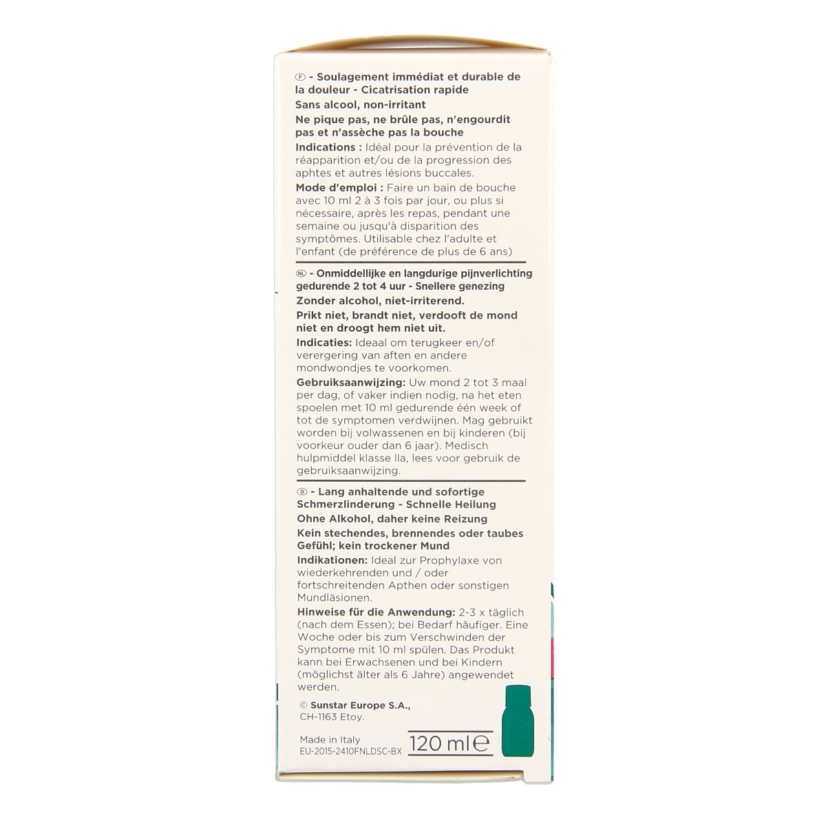 GUM Aftaclear mouthwash in 120ml bottle, alcohol-free oral rinse for soothing mouth sores and oral health.