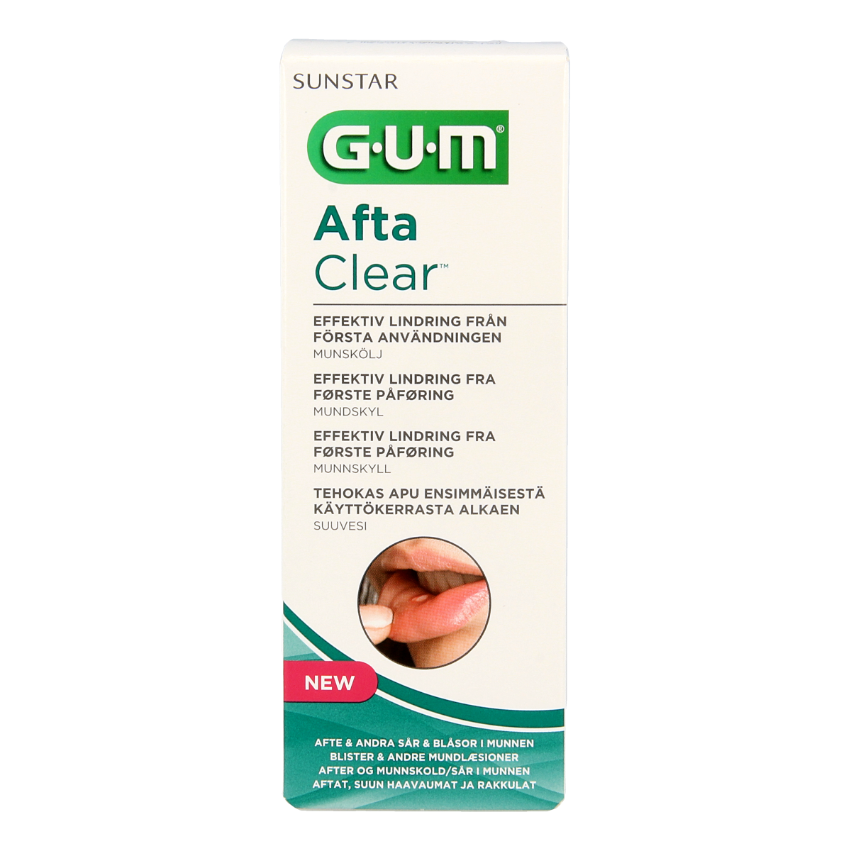 GUM Aftaclear mouthwash 120ml bottle, alcohol-free oral rinse for soothing mouth and gum relief.