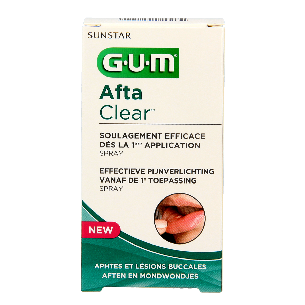 GUM Aftaclear spray for oral hygiene and brushing control, 15ml bottle with nozzle for targeted mouth sore relief.