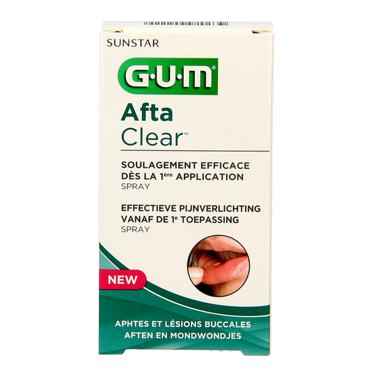 GUM Aftaclear spray for oral hygiene and brushing control, 15ml bottle with nozzle for targeted mouth sore relief.