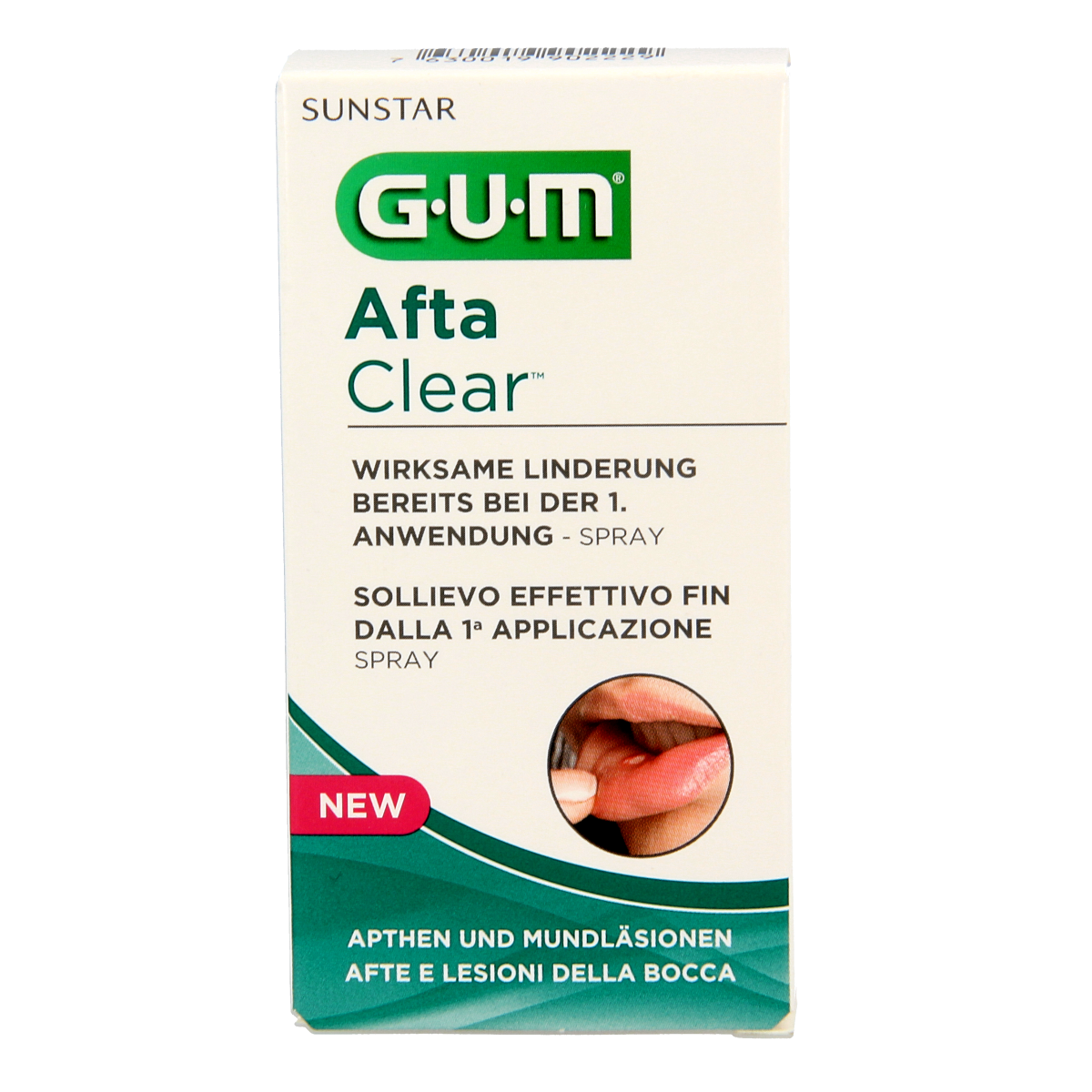 GUM Aftaclear spray 15ml for oral hygiene and mouth sore relief, shown in a clear spray bottle with label.