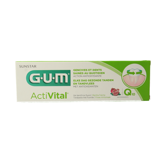 GUM Activital toothpaste in 75ml tube, featuring a white and blue packaging for healthy teeth and fresh breath.