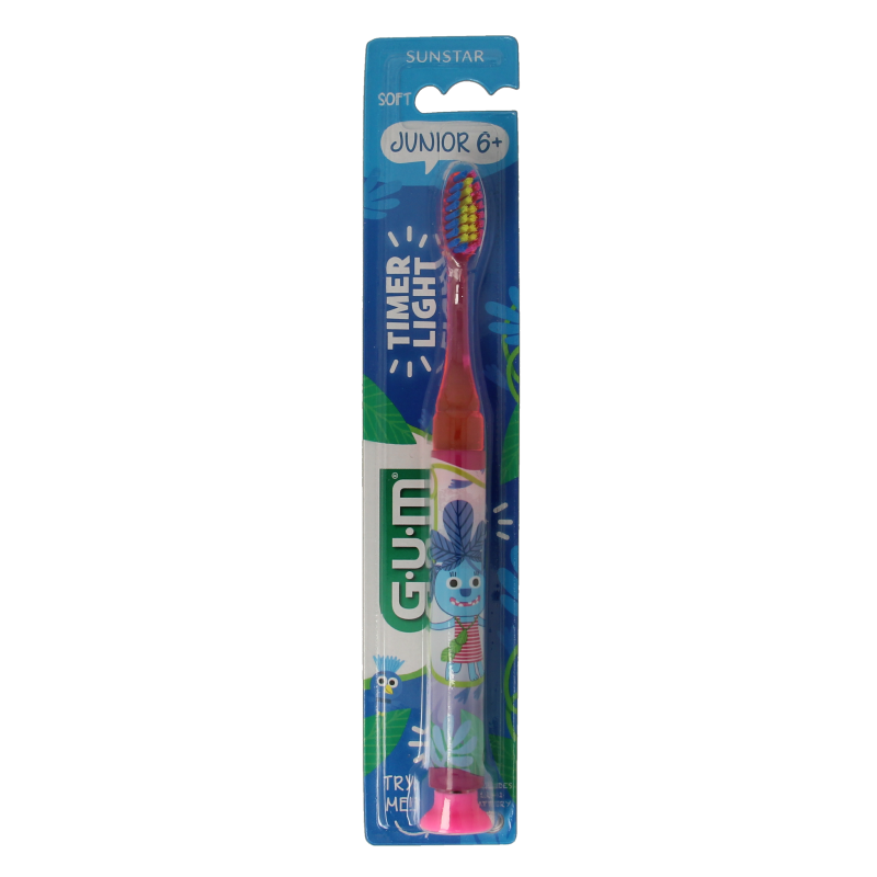 GUM junior toothbrush with timer, single soft-bristle toothbrush for children, displayed with colorful handle and ergonomic design.