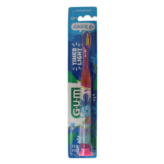 GUM junior toothbrush with timer, single soft-bristle toothbrush for children, displayed with colorful handle and ergonomic design.