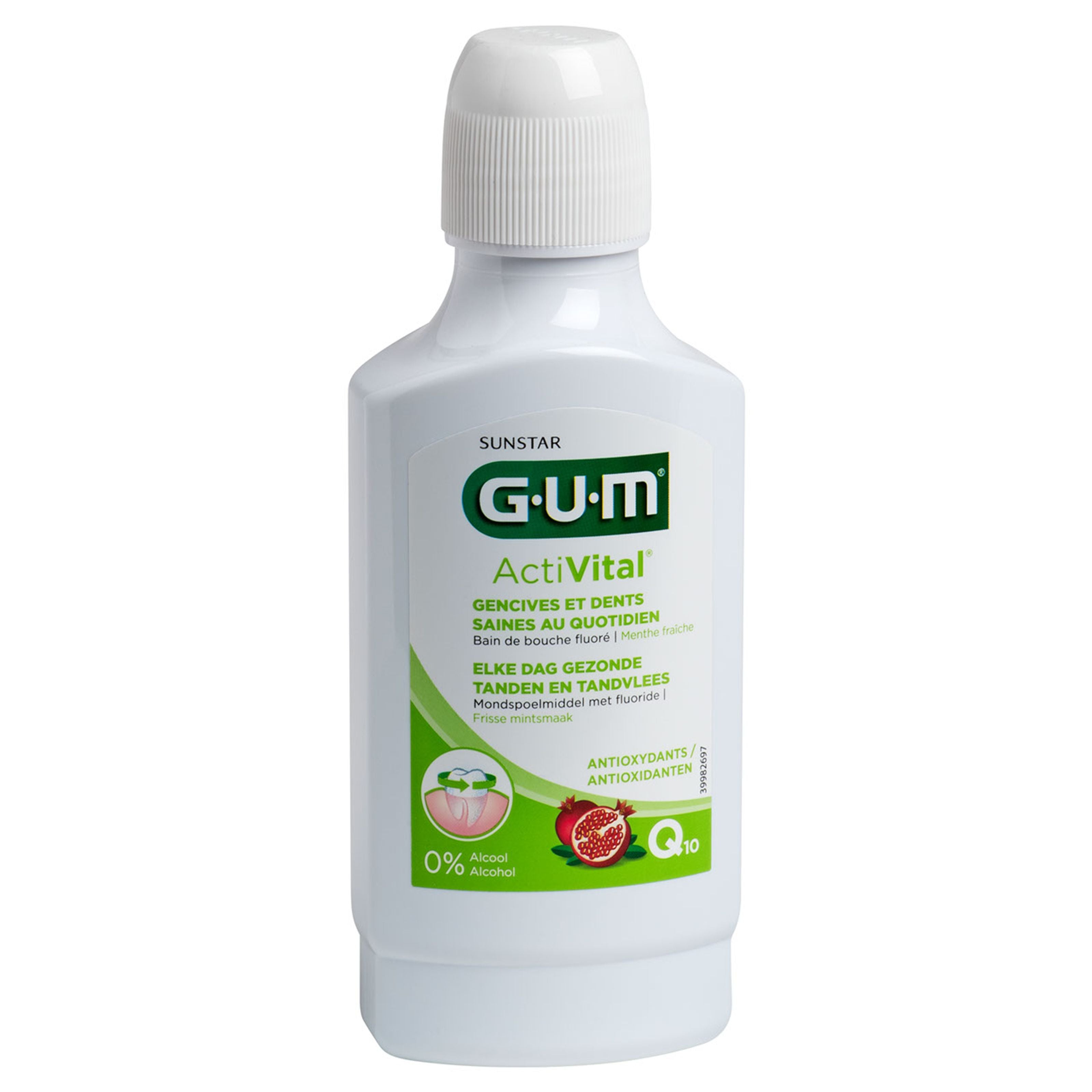 GUM Activital mouthwash bottle, 300ml, in a clear plastic container with a white cap, showing the mouthwash liquid inside.