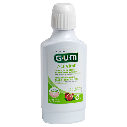 GUM Activital mouthwash bottle, 300ml, in a clear plastic container with a white cap, showing the mouthwash liquid inside.
