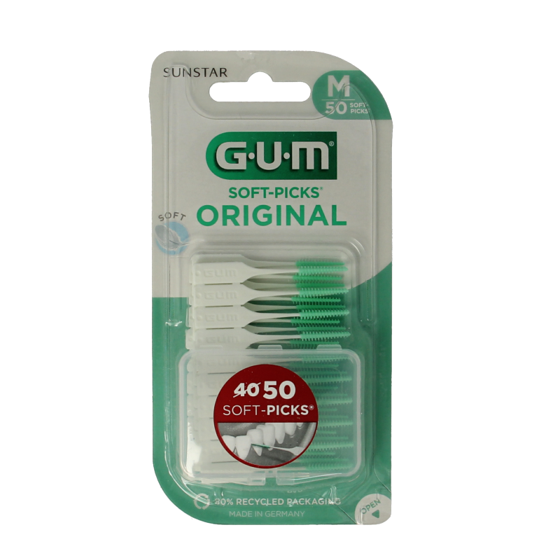 GUM Soft-picks original medium pack with 50 dental picks for oral hygiene and plaque removal, displayed on a clean background.