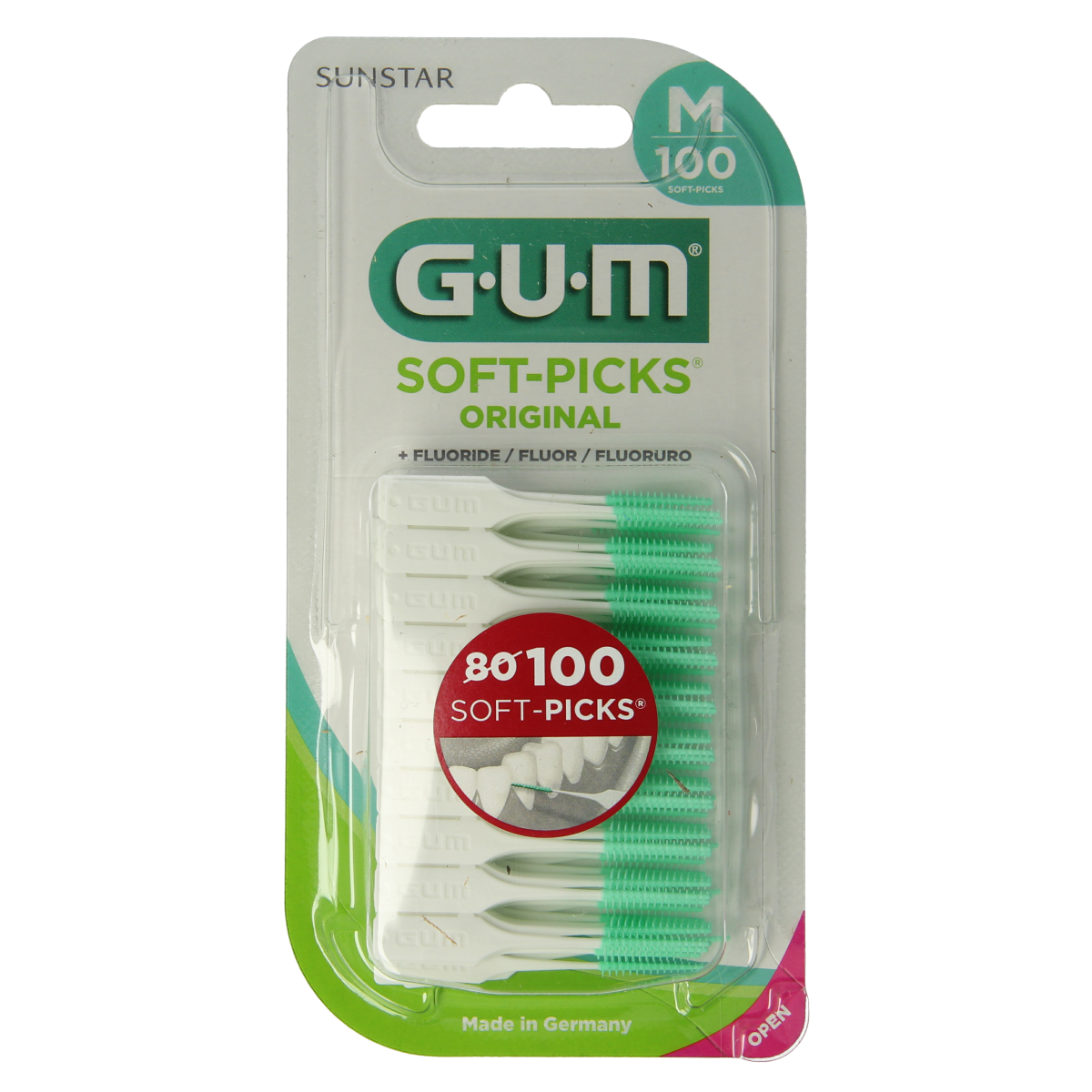 GUM Soft Picks Original Medium, pack of 100 soft dental picks and flossers for gentle, effective interdental cleaning.