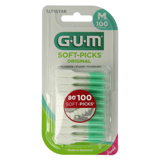 GUM Soft Picks Original Medium, pack of 100 soft dental picks and flossers for gentle, effective interdental cleaning.