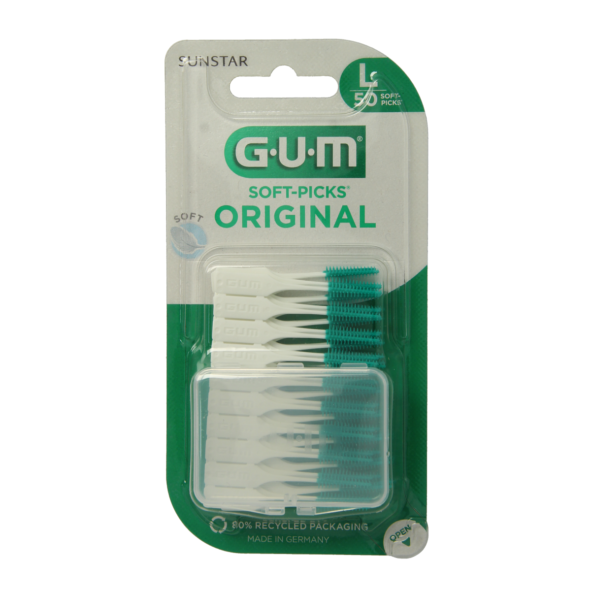 GUM Soft Picks large original pack of 50, gentle dental floss picks for cleaning between teeth, shown in the image.