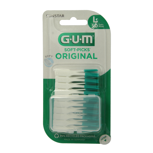 GUM Soft Picks large original pack of 50, gentle dental floss picks for cleaning between teeth, shown in the image.