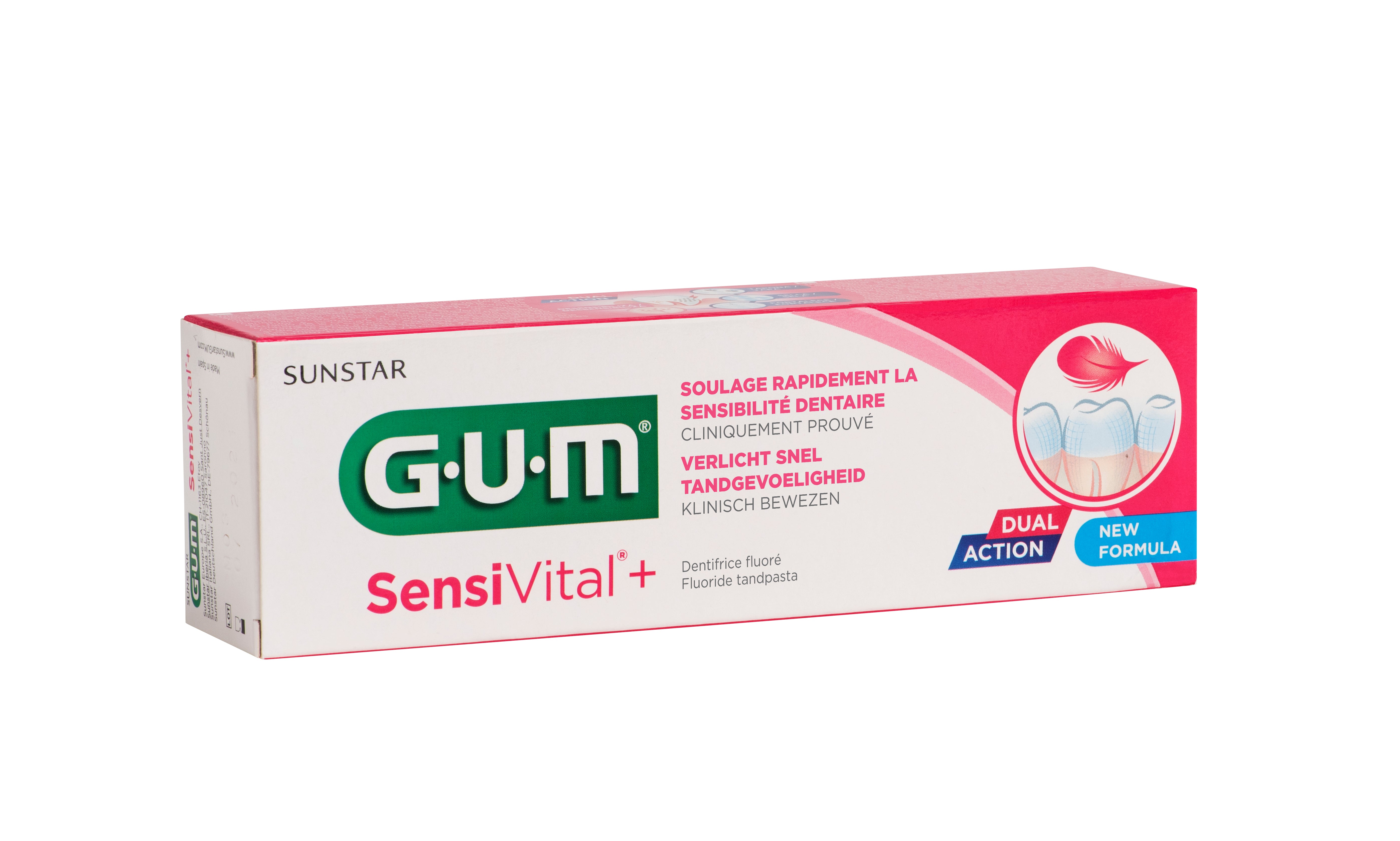 GUM Sensivital+ toothpaste in a 75ml tube, featuring a white and blue packaging with the GUM logo visible.