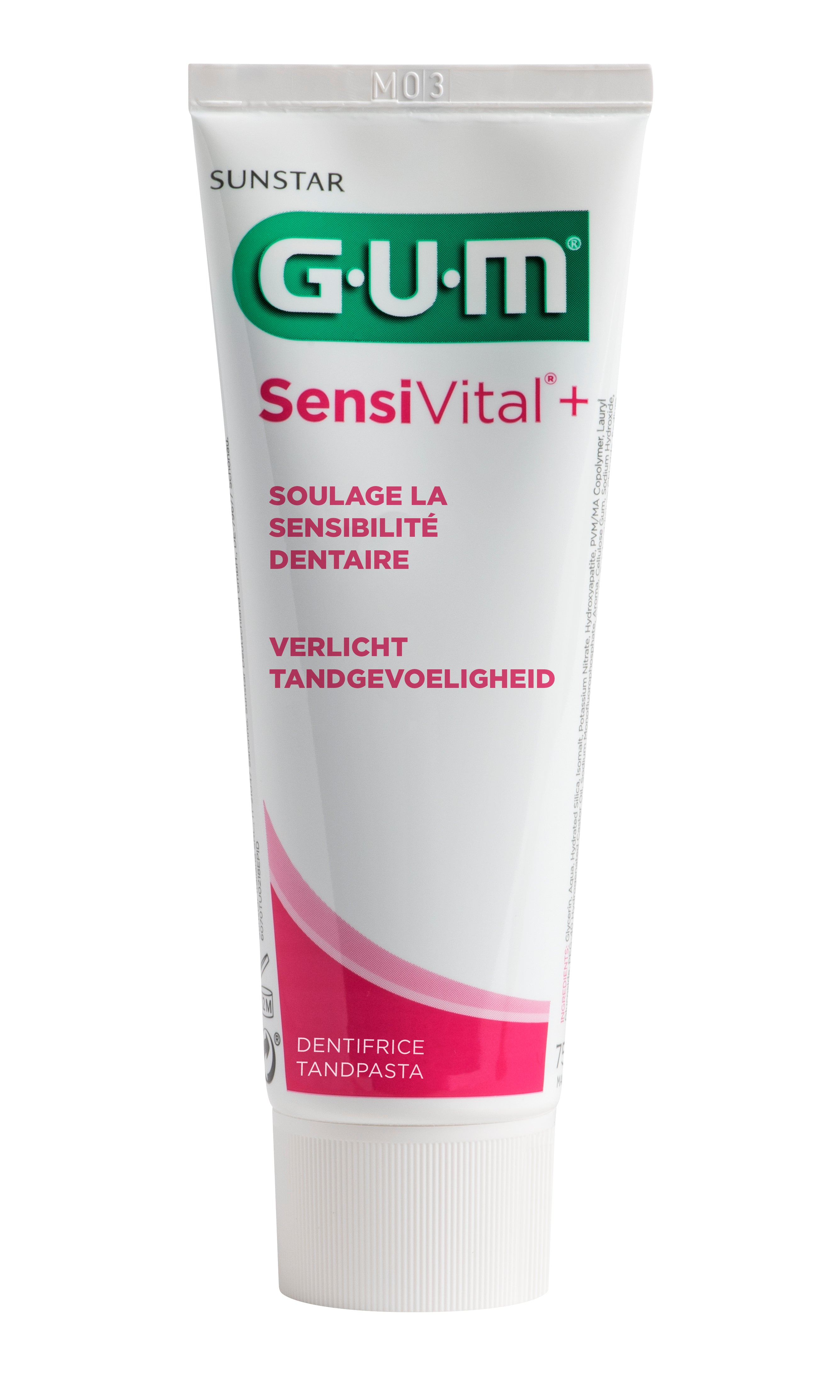 GUM Sensivital+ toothpaste in a 75ml tube, designed for sensitive teeth, with a white and blue packaging.