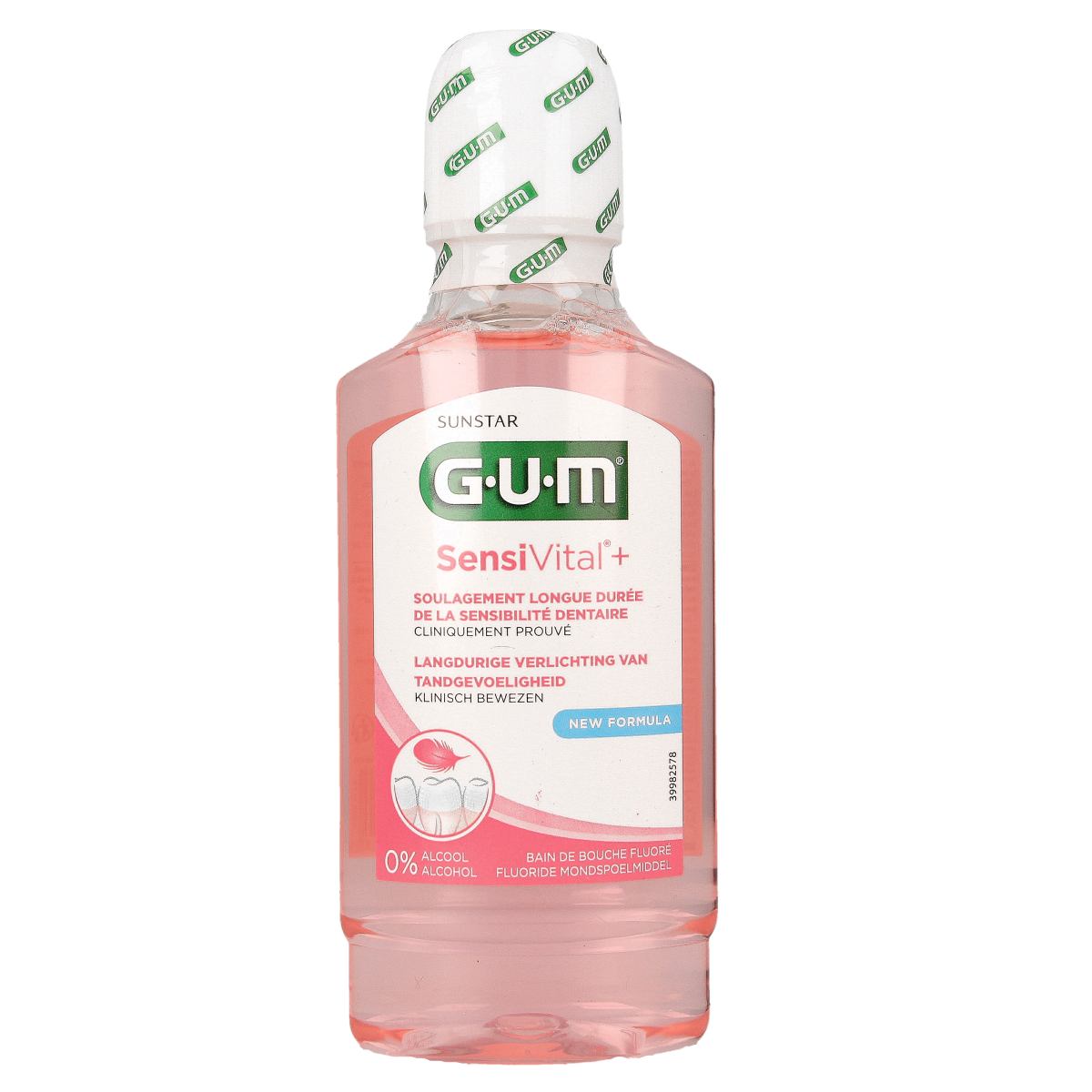 GUM Sensivital mouthwash bottle, 300ml, in a clear plastic container, used for oral hygiene and freshening breath.