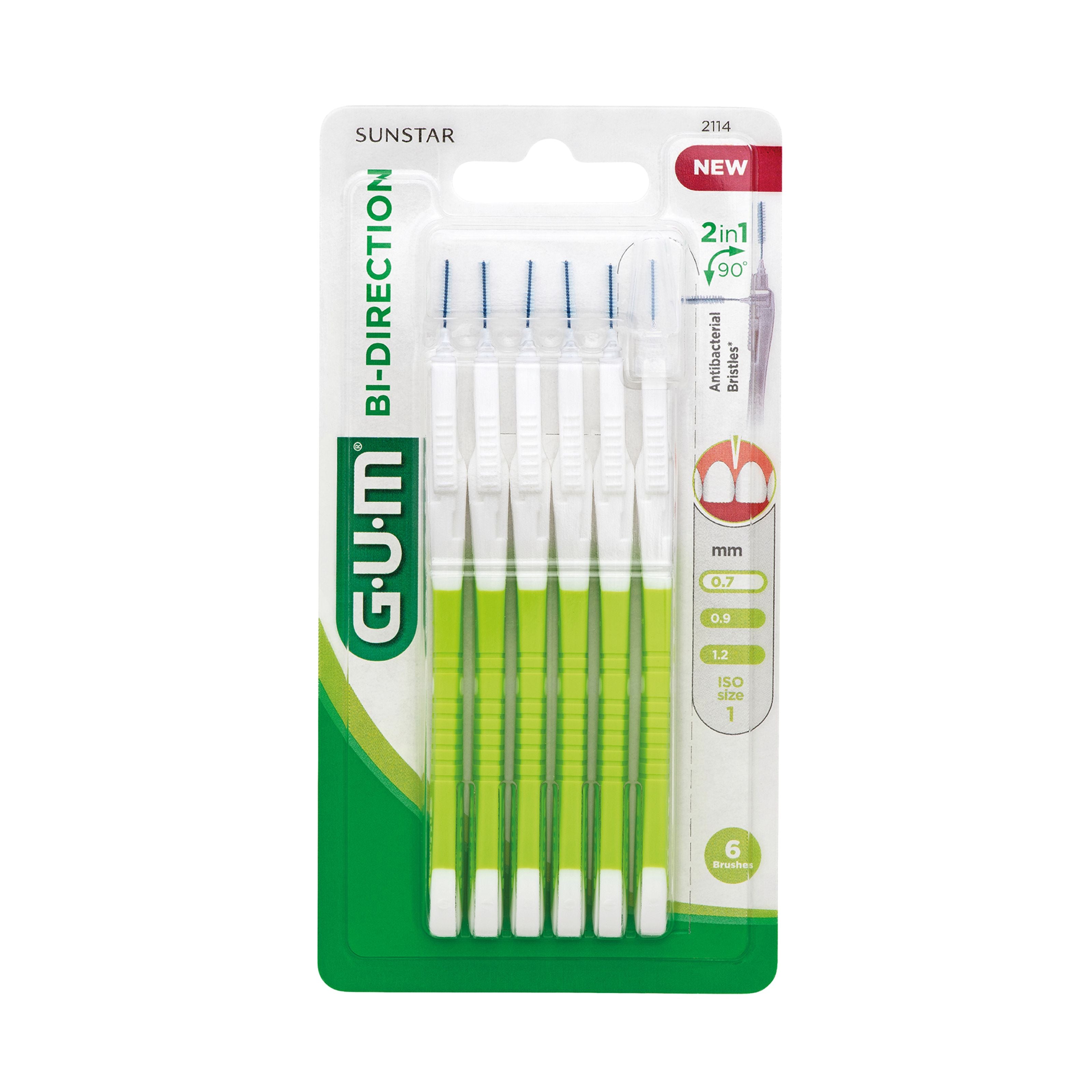 GUM Bi-direction 0.7mm dental flossers and picks, 6-pack, designed for effective interdental cleaning and oral hygiene.