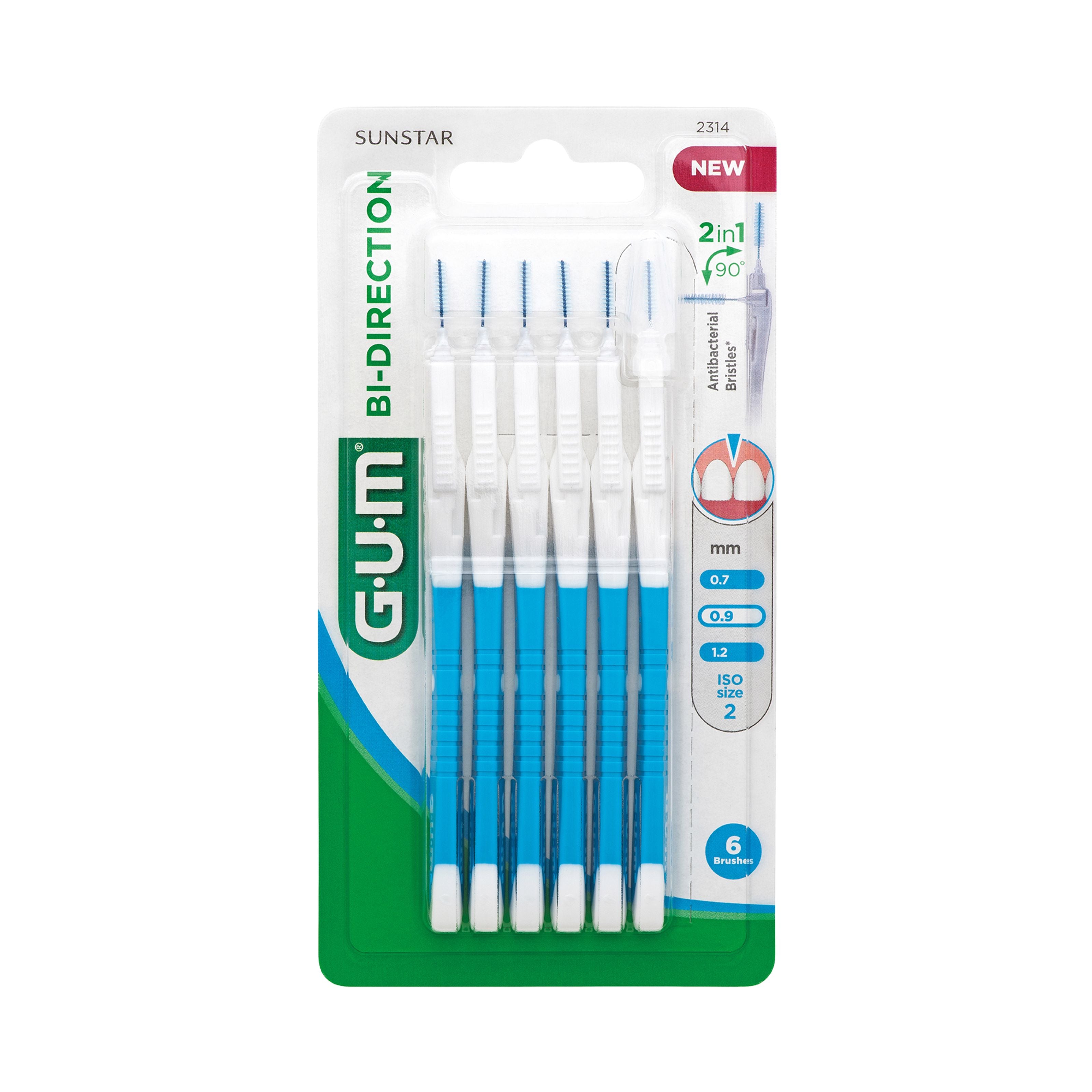 GUM bi-direction 0.9mm dental floss picks with six pieces, designed for effective interdental cleaning and oral hygiene.
