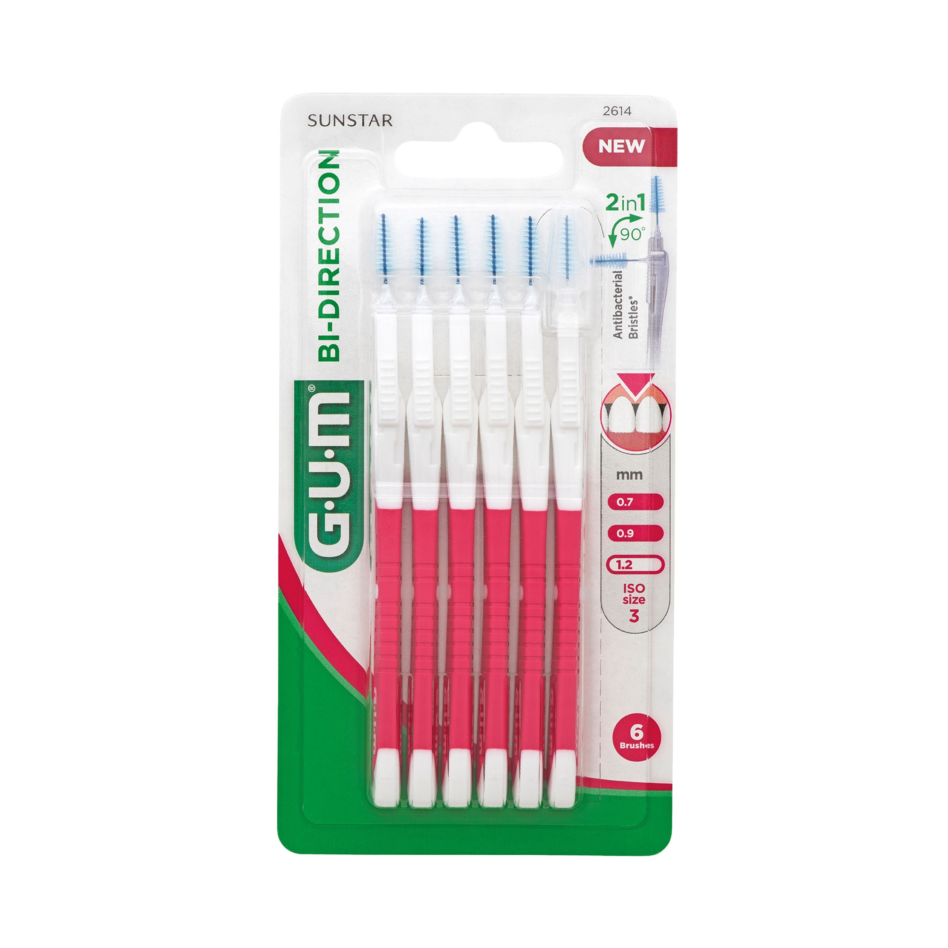 GUM Bi-direction 1.2mm dental floss picks and interdental cleaners, 6-pack, with ergonomic handle and flossing tips.