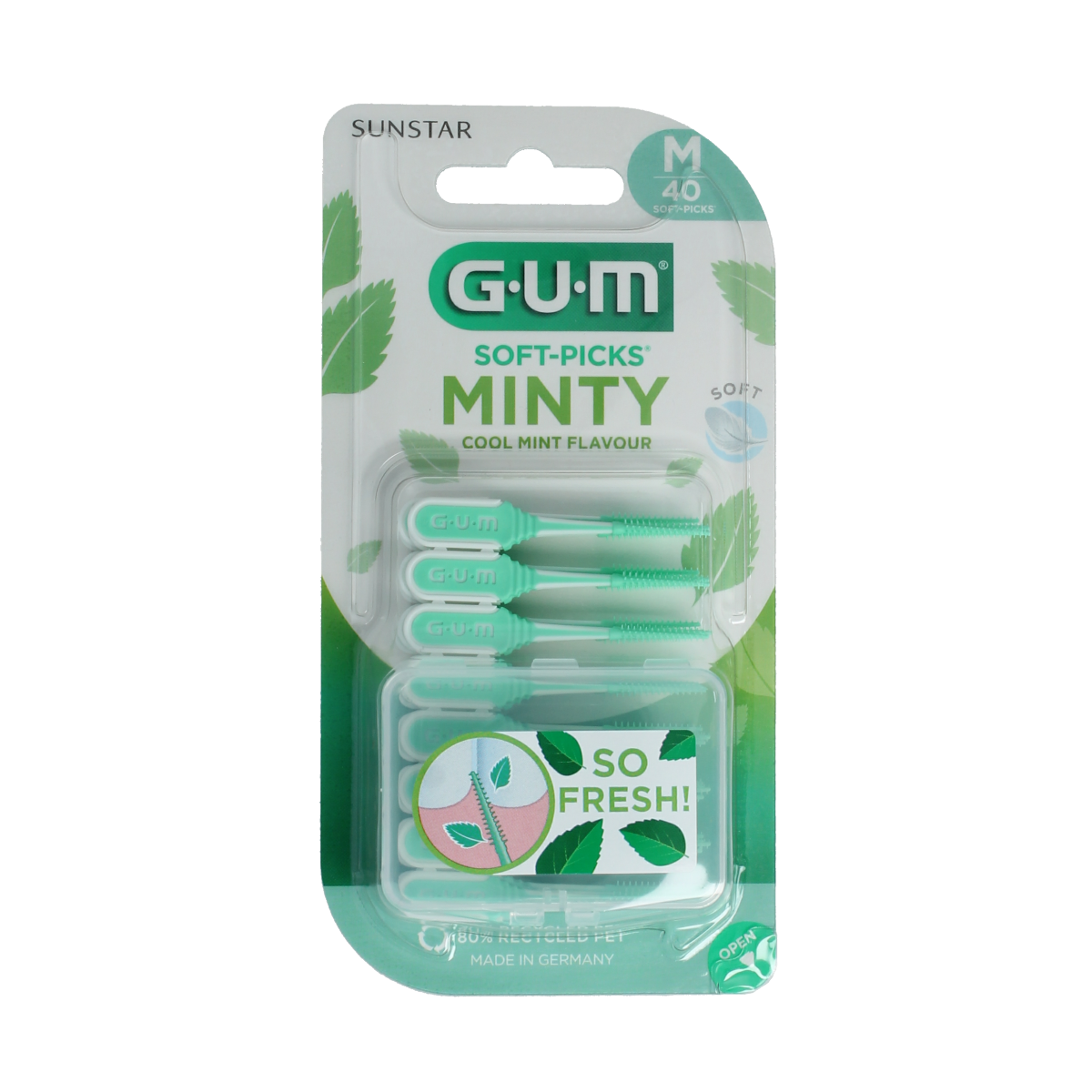GUM Soft-Picks Comfort Flex Mint medium, 40-piece pack, soft plastic dental picks for gentle interdental cleaning.