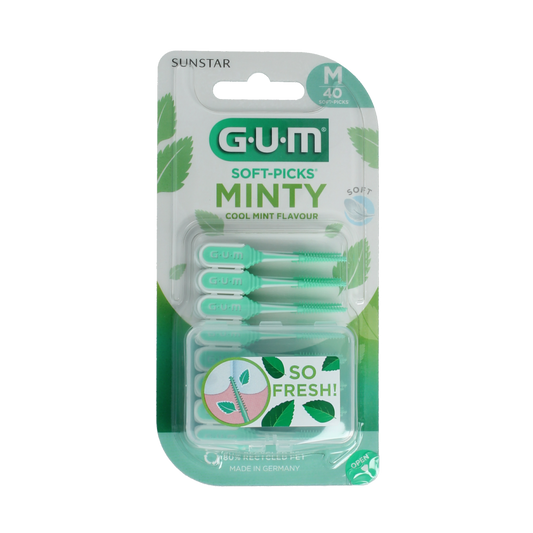 GUM Soft-Picks Comfort Flex Mint medium, 40-piece pack, soft plastic dental picks for gentle interdental cleaning.