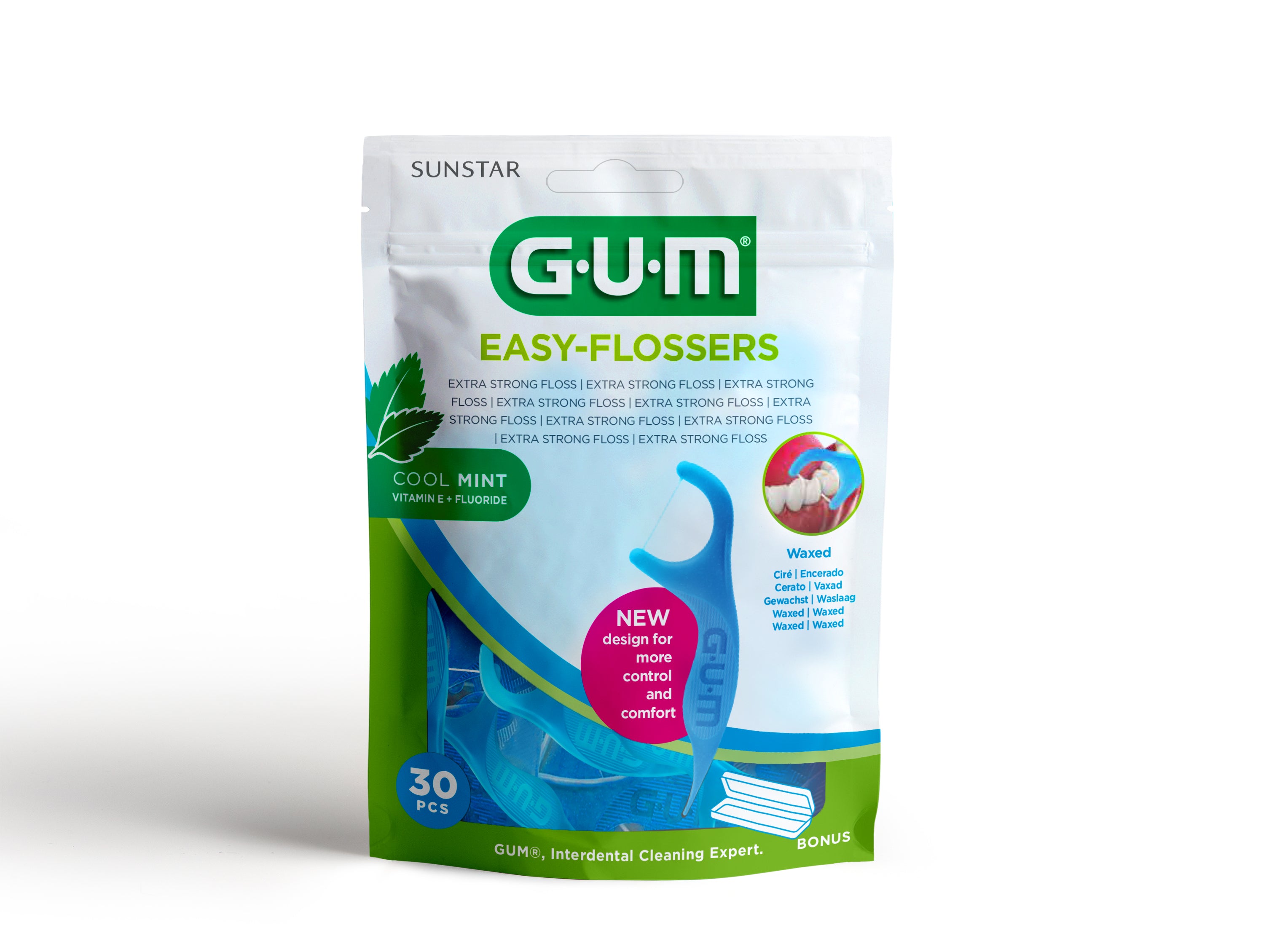 GUM Easy Flossers pack with 30 dental flossers for oral hygiene and plaque removal, designed for effective teeth cleaning.