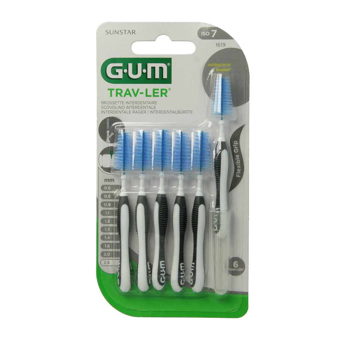 GUM Trav-ler ragers 2.6mm zwart, mondhygiëne en poetscontrole, set van 6 stuks voor effectieve tandenpoetsing.