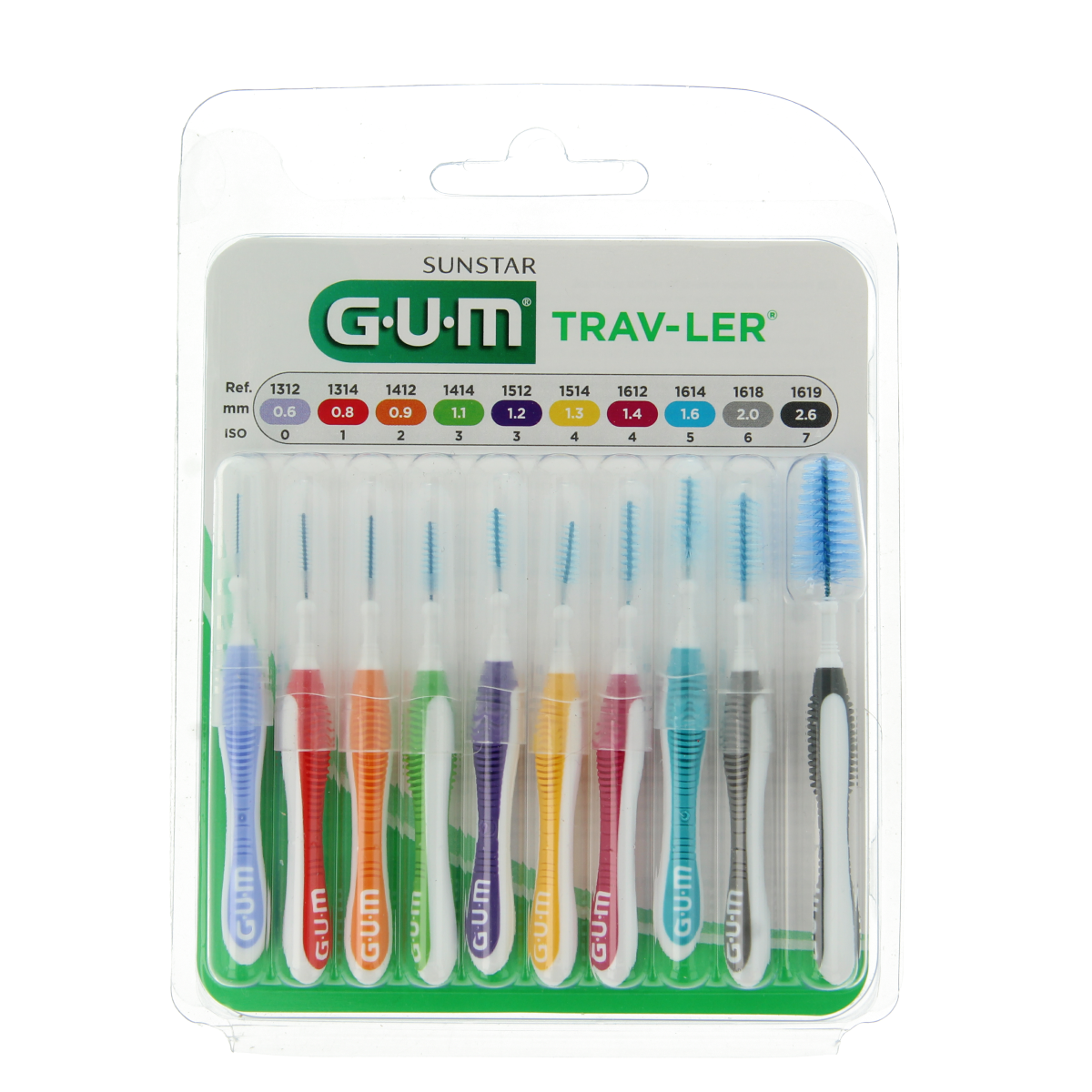GUM Trav-ler ragers multipack with 10 dental interdental brushes for oral hygiene and plaque control.