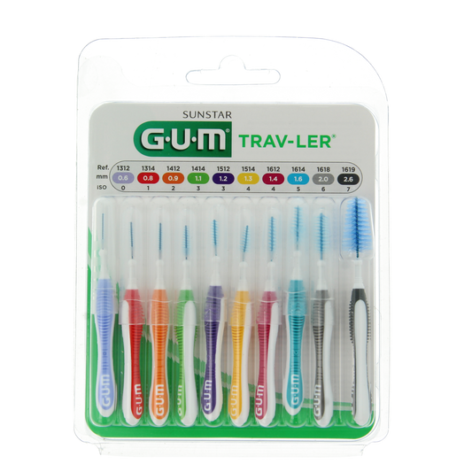 GUM Trav-ler ragers multipack with 10 dental interdental brushes for oral hygiene and plaque control.