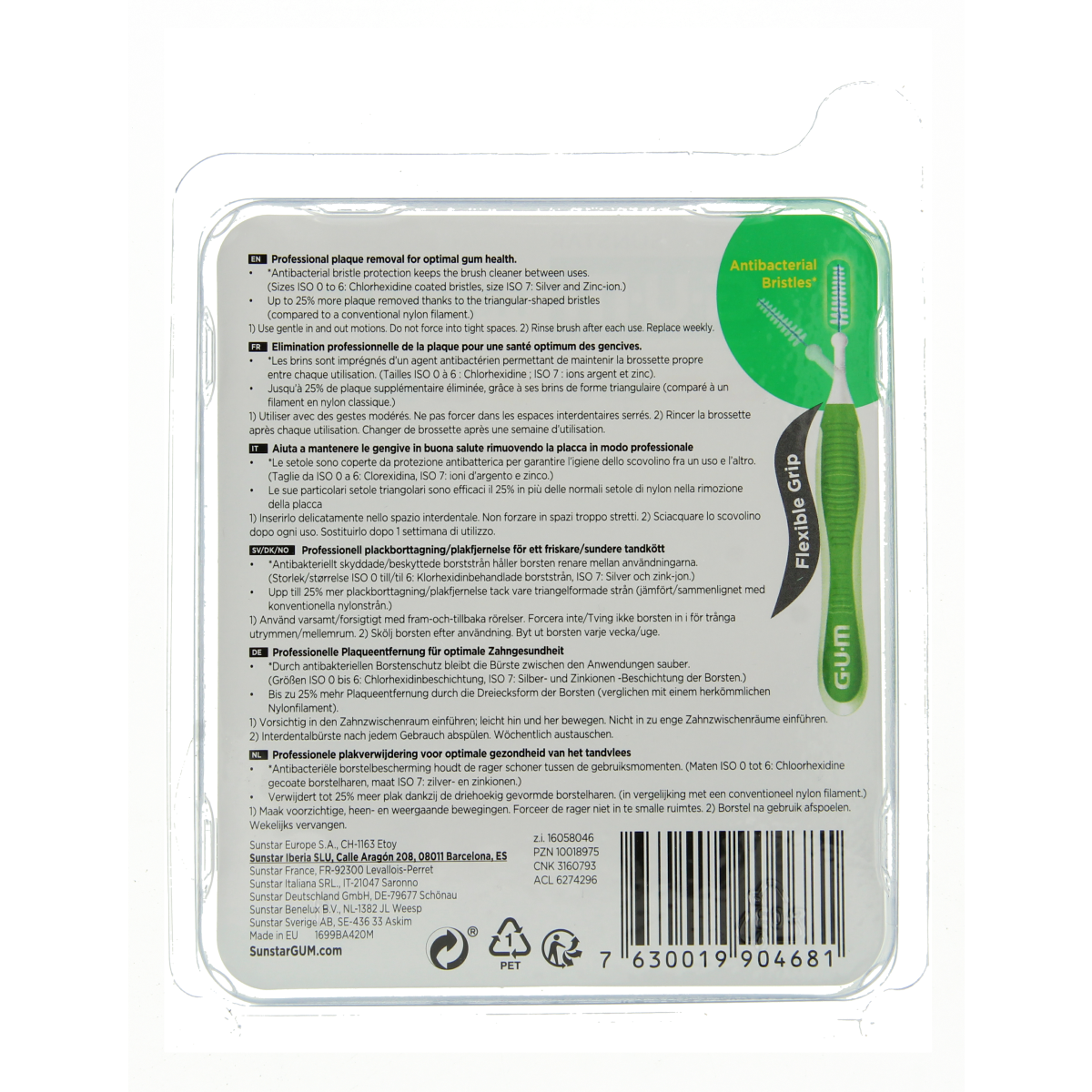 GUM Trav-ler ragers multipack with 10 pieces, dental hygiene and brushing control tools, in packaging with barcode and product details.