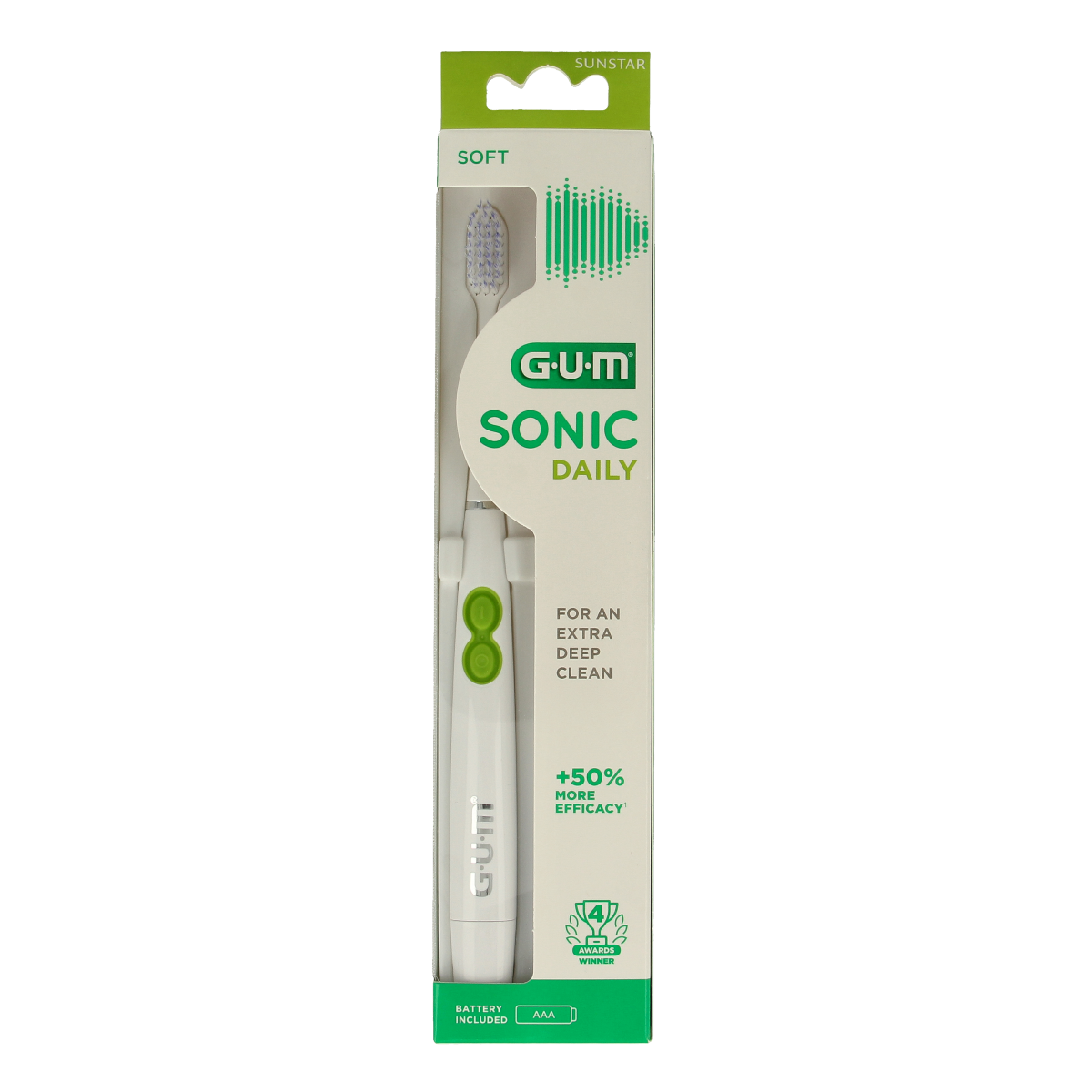 GUM Elektrische tandenborstel Activital Sonic with blue and white handle, designed for effective dental cleaning.