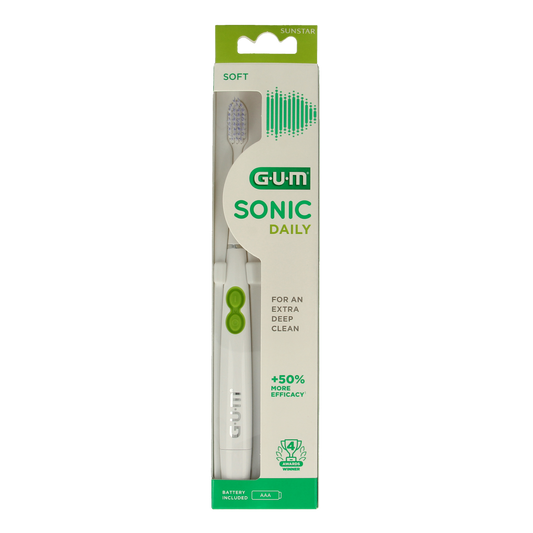 GUM Elektrische tandenborstel Activital Sonic with blue and white handle, designed for effective dental cleaning.