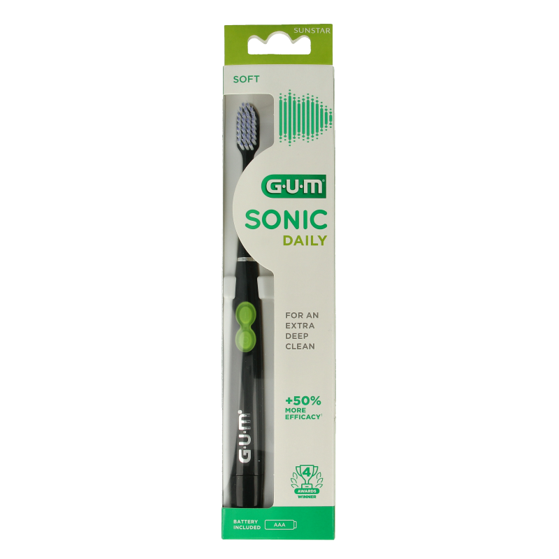 GUM Sonic tandenborstel voor dagelijks gebruik, batterij aangedreven, close-up van de elektrische tandenborstel met blauwe en witte behuizing.