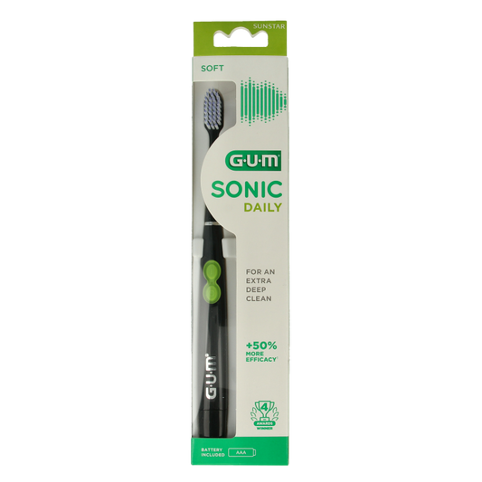 GUM Sonic tandenborstel voor dagelijks gebruik, batterij aangedreven, close-up van de elektrische tandenborstel met blauwe en witte behuizing.