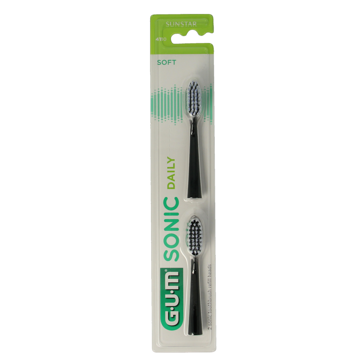GUM Sonic opzetborstel soft zwart for electric toothbrush, set of 2, designed for gentle cleaning and oral hygiene.