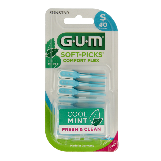 GUM Soft Picks Comfort Flex Mint small pack of 40 dental picks and flossers for gentle interdental cleaning.