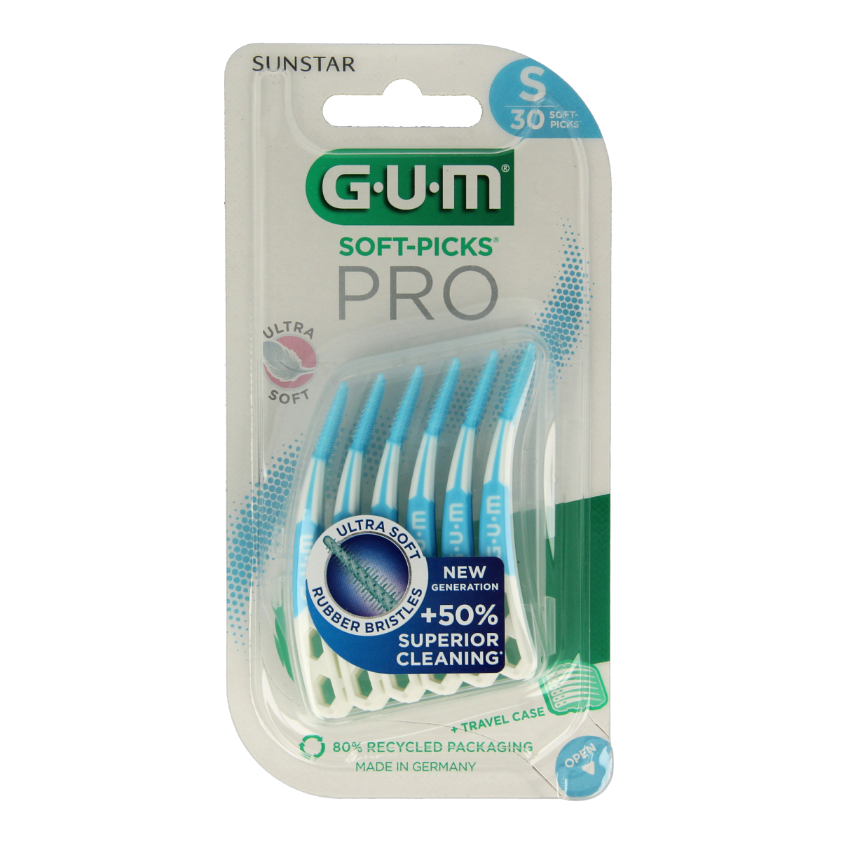 GUM Soft Picks Advanced Pro small dental picks, 30 count, designed for gentle interdental cleaning and gum care.