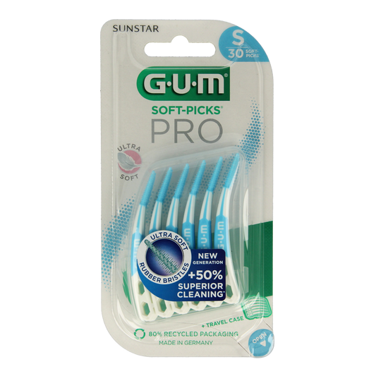 GUM Soft Picks Advanced Pro small dental picks, 30 count, designed for gentle interdental cleaning and gum care.