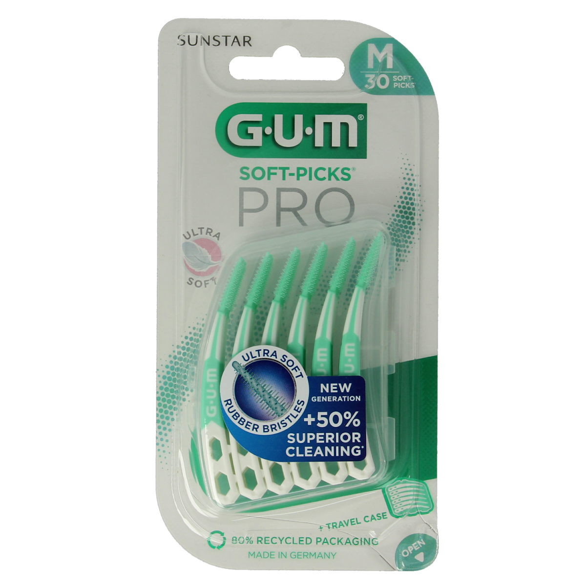 GUM Soft Picks Advanced Pro medium dental picks, 30 count, for gentle interdental cleaning, shown in the image.