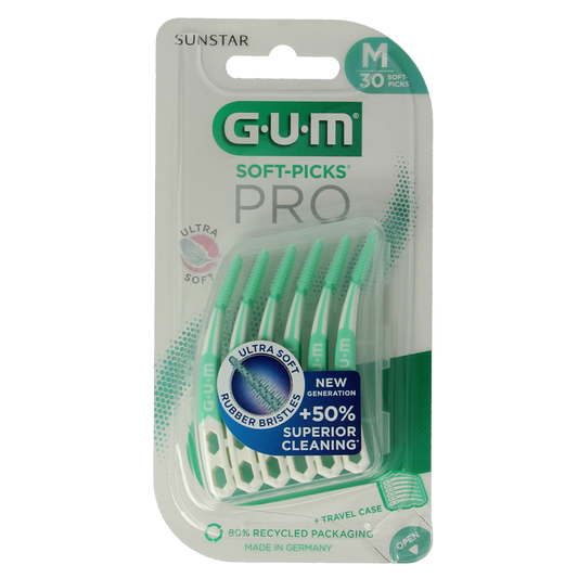 GUM Soft Picks Advanced Pro medium dental picks, 30 count, for gentle interdental cleaning, shown in the image.