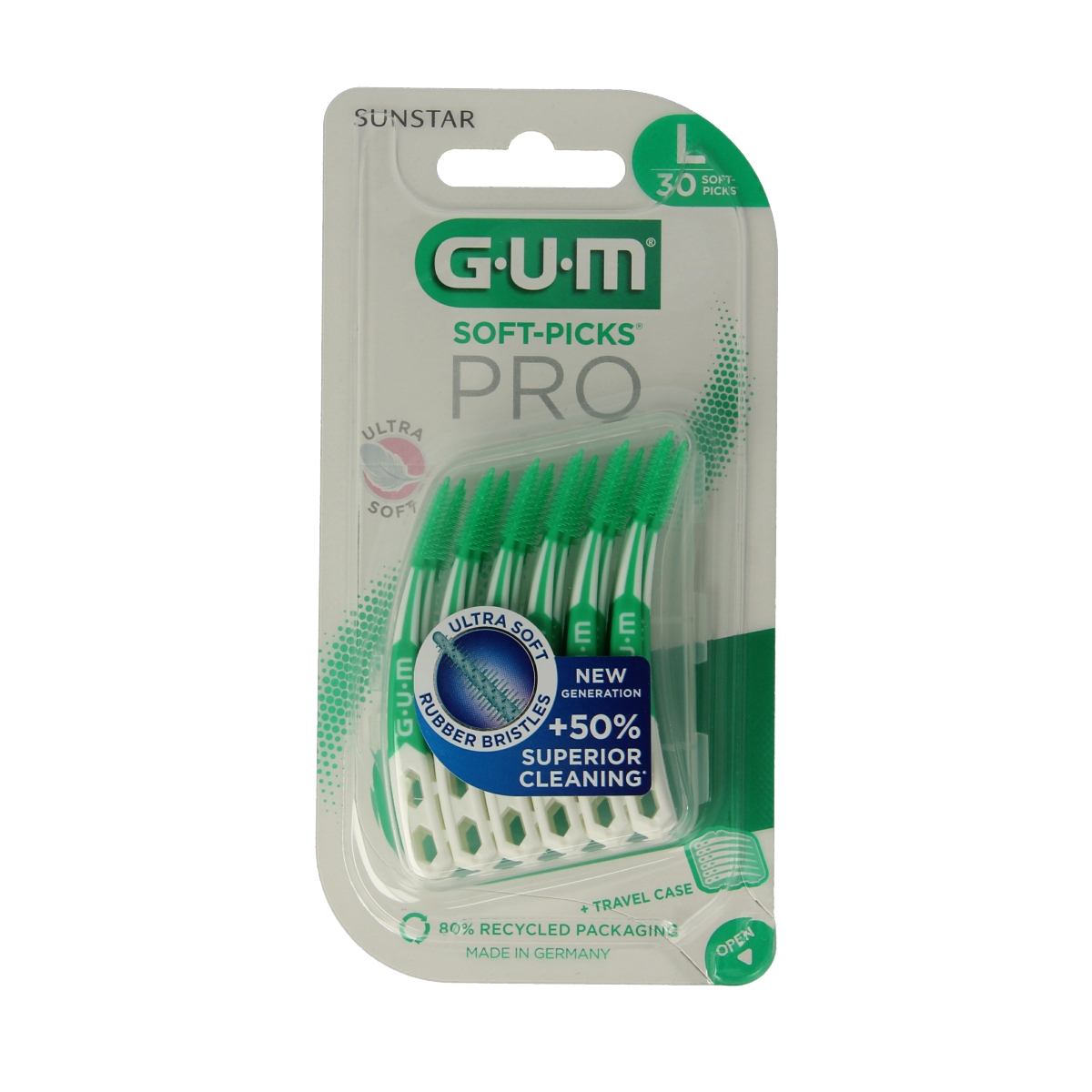 GUM Soft Picks Advanced Pro large pack of 30 dental picks and flossers for gentle gum cleaning and oral hygiene.