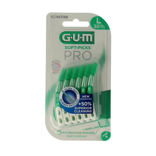 GUM Soft Picks Advanced Pro large pack of 30 dental picks and flossers for gentle gum cleaning and oral hygiene.