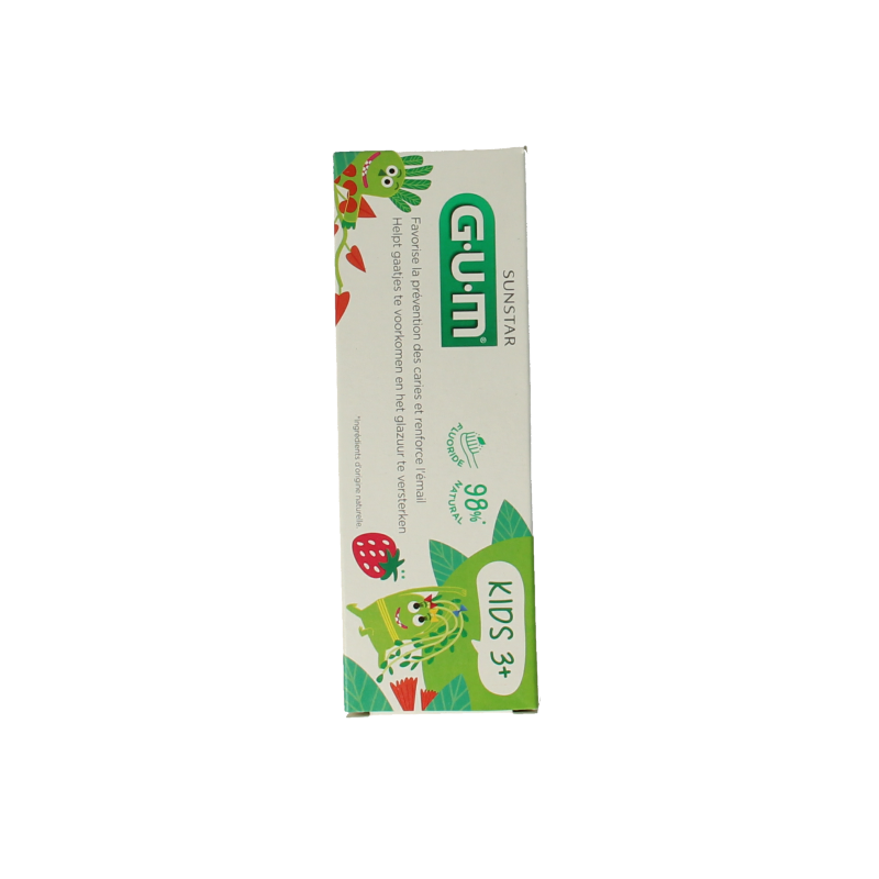 GUM Kids toothpaste in 50ml tube, gentle fluoride dentifrice designed for children's dental care, with colorful packaging.