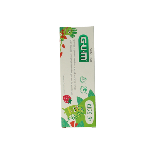 GUM Kids toothpaste in 50ml tube, gentle fluoride dentifrice designed for children's dental care, with colorful packaging.