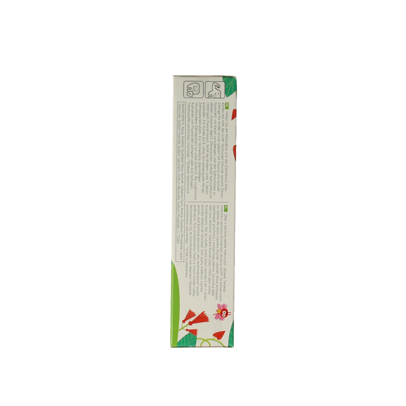 GUM Kids toothpaste in 50ml tube, gentle fluoride dental toothpaste for children, with colorful packaging and cartoon character design.