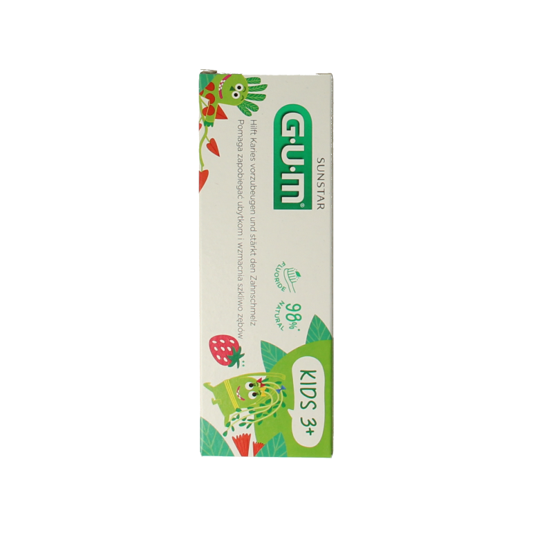 GUM Kids toothpaste in 50ml tube, gentle fluoride dentifrice for children with colorful packaging and cartoon characters.