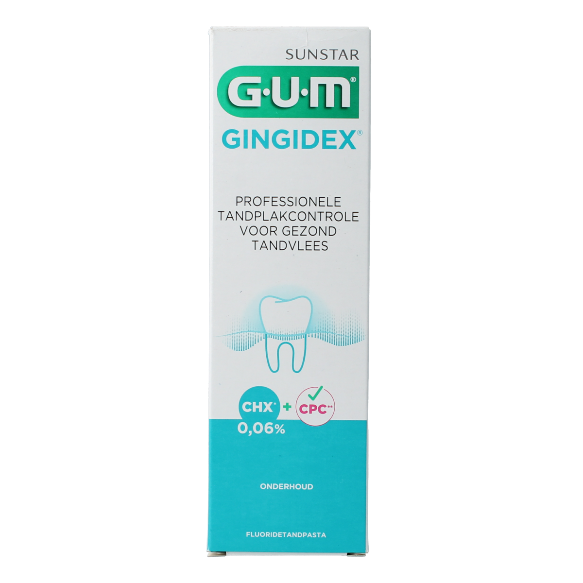 GUM Gingidex toothpaste tube, 75ml, with white and blue packaging, designed for oral hygiene and freshening breath.